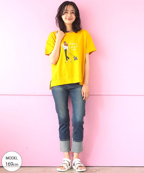 女性イラスト刺繍サイドスリット半袖Tシャツカットソー 44-0182