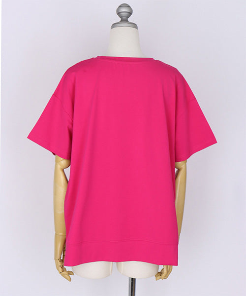 女性イラスト刺繍サイドスリット半袖Tシャツカットソー 44-0182
