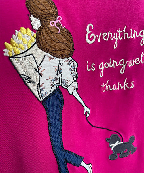 女性イラスト刺繍サイドスリット半袖Tシャツカットソー 44-0182