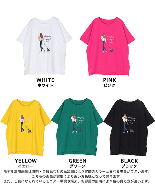 女性イラスト刺繍サイドスリット半袖Tシャツカットソー 44-0182
