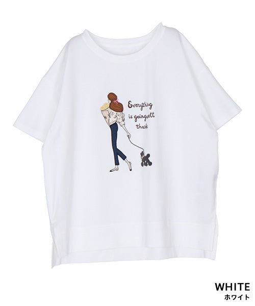 女性イラスト刺繍サイドスリット半袖Tシャツカットソー 44-0182