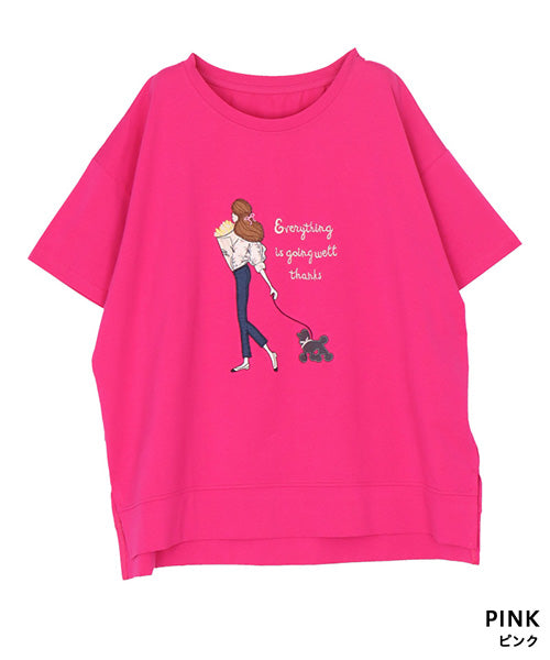 女性イラスト刺繍サイドスリット半袖Tシャツカットソー 44-0182