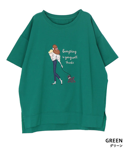 女性イラスト刺繍サイドスリット半袖Tシャツカットソー 44-0182