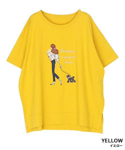 女性イラスト刺繍サイドスリット半袖Tシャツカットソー 44-0182