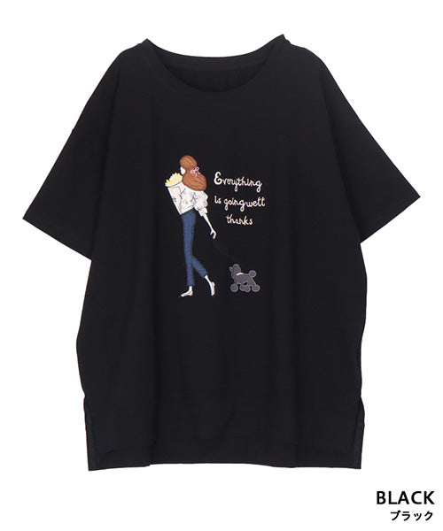 女性イラスト刺繍サイドスリット半袖Tシャツカットソー 44-0182