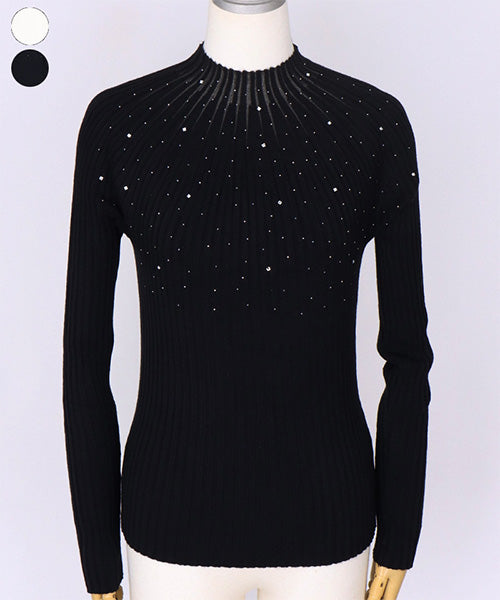 ラインストーン付ボトルネックリブニットプルオーバー 44-0194