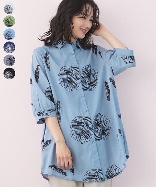 綿100％ボタニカル刺繍七分袖Aラインシャツブラウス 46-0259
