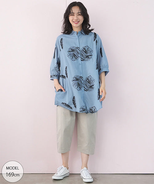 綿100％ボタニカル刺繍七分袖Aラインシャツブラウス 46-0259