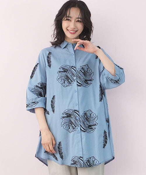 綿100％ボタニカル刺繍七分袖Aラインシャツブラウス 46-0259