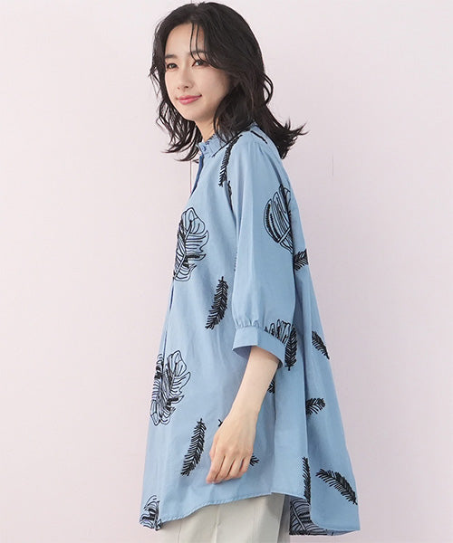 綿100％ボタニカル刺繍七分袖Aラインシャツブラウス 46-0259