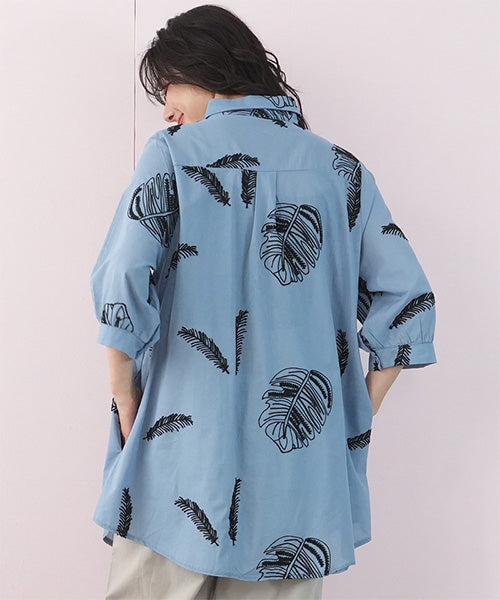 綿100％ボタニカル刺繍七分袖Aラインシャツブラウス 46-0259