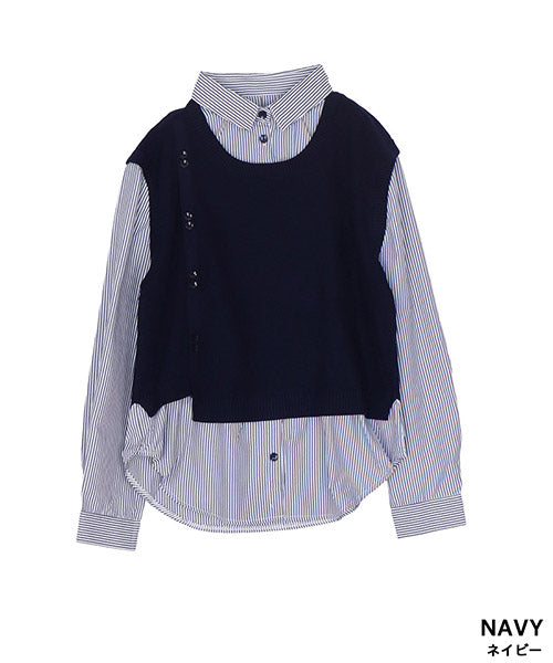 レイヤード風ニットベスト付きストライプシャツブラウス 46-0267｜40代