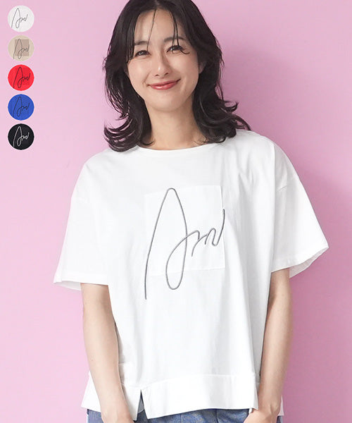 綿100％サインモチーフ刺繍パッチワーク裾スリットTシャツカットソー 46-0290
