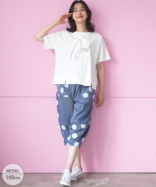 綿100％サインモチーフ刺繍パッチワーク裾スリットTシャツカットソー 46-0290