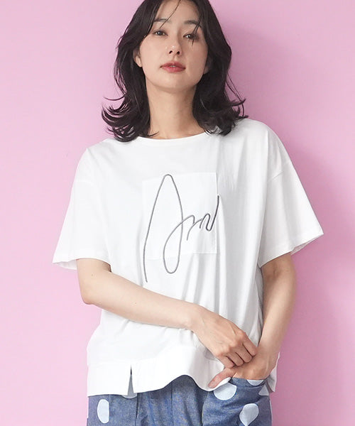 綿100％サインモチーフ刺繍パッチワーク裾スリットTシャツカットソー 46-0290