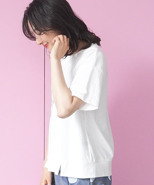 綿100％サインモチーフ刺繍パッチワーク裾スリットTシャツカットソー 46-0290