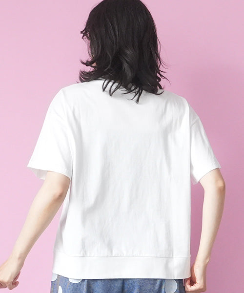 綿100％サインモチーフ刺繍パッチワーク裾スリットTシャツカットソー 46-0290
