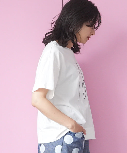 綿100％サインモチーフ刺繍パッチワーク裾スリットTシャツカットソー 46-0290