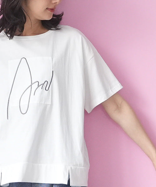 綿100％サインモチーフ刺繍パッチワーク裾スリットTシャツカットソー 46-0290