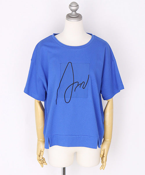 綿100％サインモチーフ刺繍パッチワーク裾スリットTシャツカットソー 46-0290