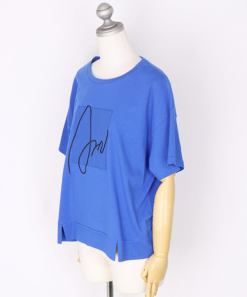 綿100％サインモチーフ刺繍パッチワーク裾スリットTシャツカットソー 46-0290