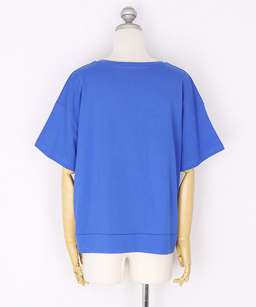 綿100％サインモチーフ刺繍パッチワーク裾スリットTシャツカットソー 46-0290