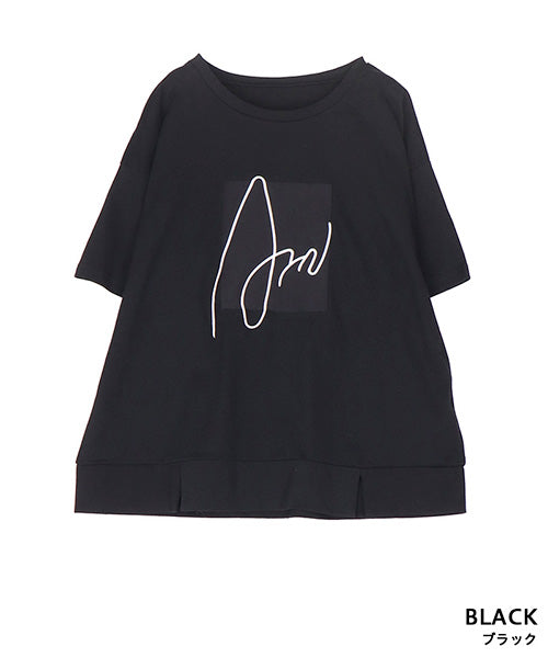 綿100％サインモチーフ刺繍パッチワーク裾スリットTシャツカットソー 46-0290