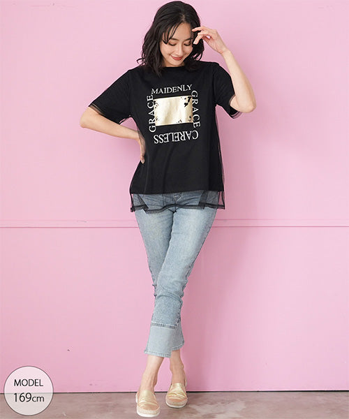 シアー素材チュールレイヤード英字プリントTシャツカットソー 46-0300