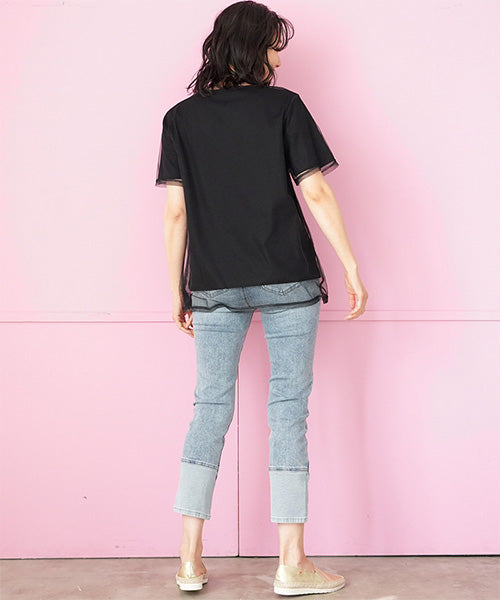 シアー素材チュールレイヤード英字プリントTシャツカットソー 46-0300