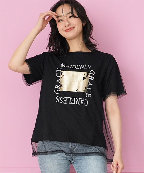シアー素材チュールレイヤード英字プリントTシャツカットソー 46-0300