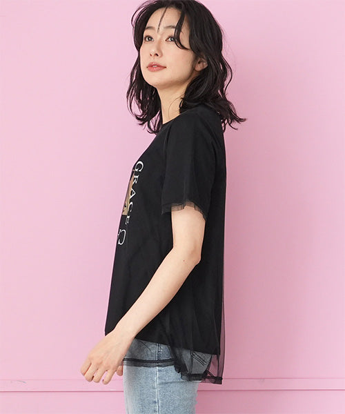 シアー素材チュールレイヤード英字プリントTシャツカットソー 46-0300