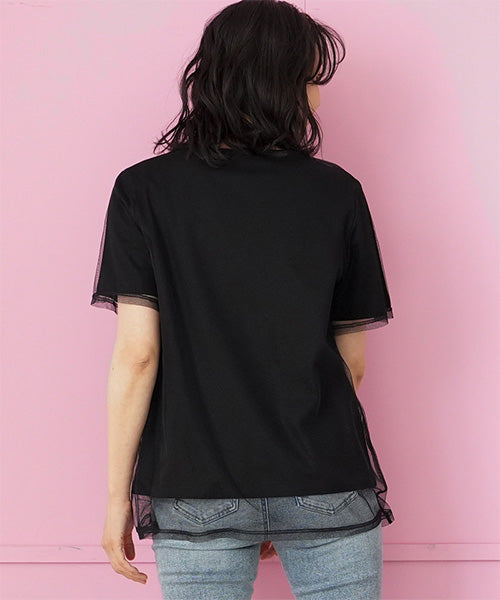 シアー素材チュールレイヤード英字プリントTシャツカットソー 46-0300