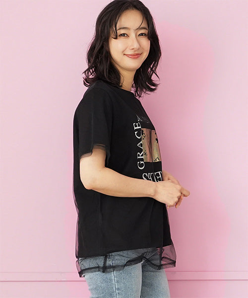 シアー素材チュールレイヤード英字プリントTシャツカットソー 46-0300