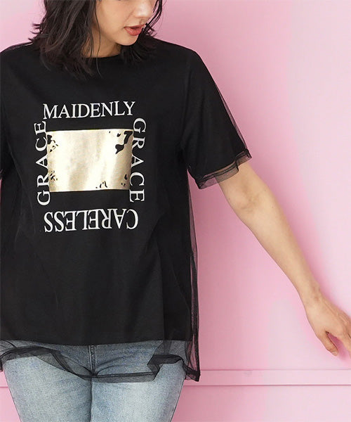 シアー素材チュールレイヤード英字プリントTシャツカットソー 46-0300