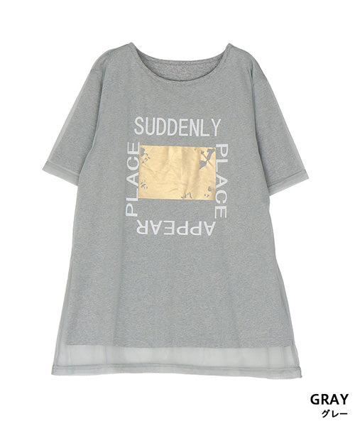 シアー素材チュールレイヤード英字プリントTシャツカットソー 46-0300