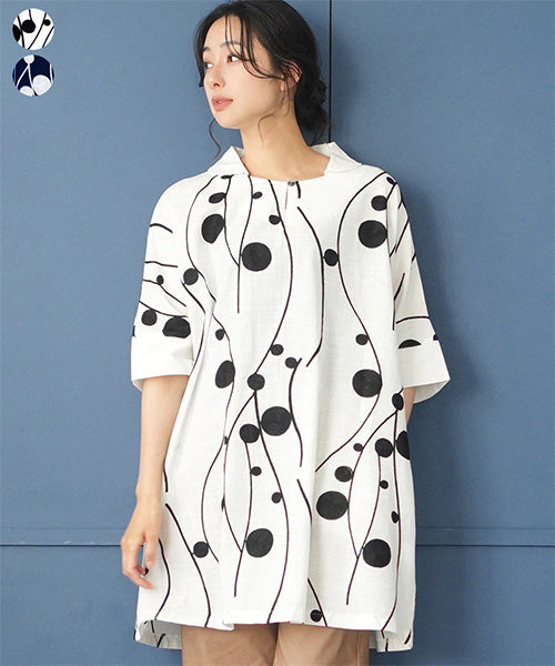 綿100％カーブ×ドット刺繍丸襟ドルマンスリーブ半袖チュニックブラウス 50-0090