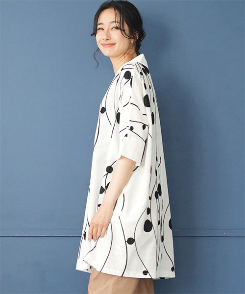 綿100％カーブ×ドット刺繍丸襟ドルマンスリーブ半袖チュニックブラウス 50-0090