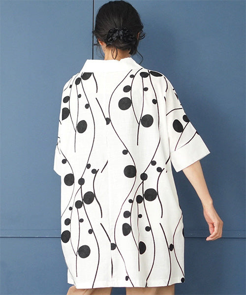 綿100％カーブ×ドット刺繍丸襟ドルマンスリーブ半袖チュニックブラウス 50-0090