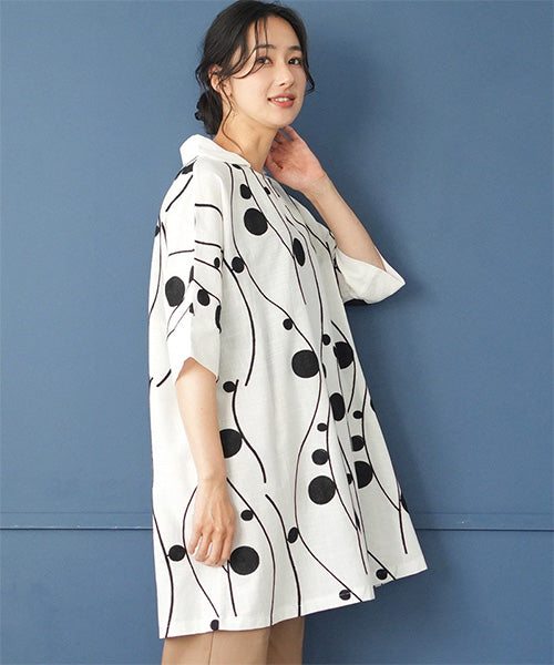 綿100％カーブ×ドット刺繍丸襟ドルマンスリーブ半袖チュニックブラウス 50-0090