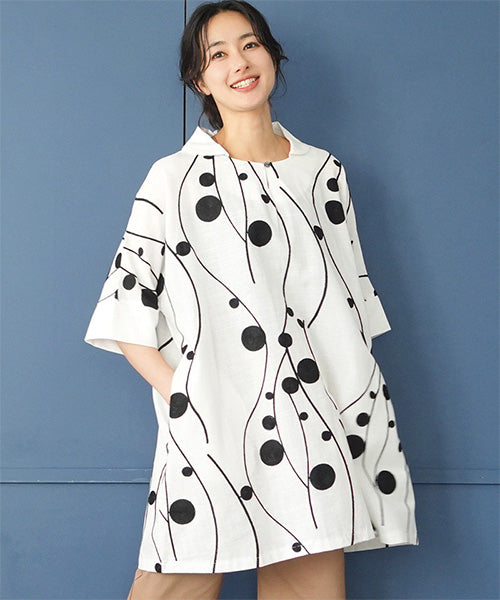 綿100％カーブ×ドット刺繍丸襟ドルマンスリーブ半袖チュニックブラウス 50-0090