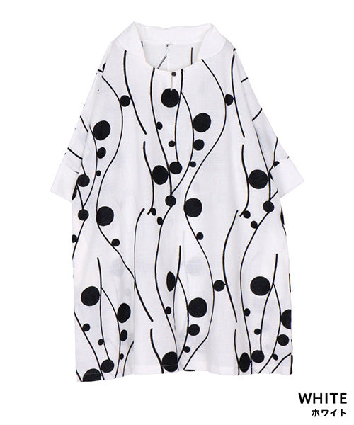 綿100％カーブ×ドット刺繍丸襟ドルマンスリーブ半袖チュニックブラウス 50-0090
