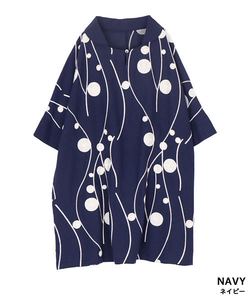 綿100％カーブ×ドット刺繍丸襟ドルマンスリーブ半袖チュニックブラウス 50-0090