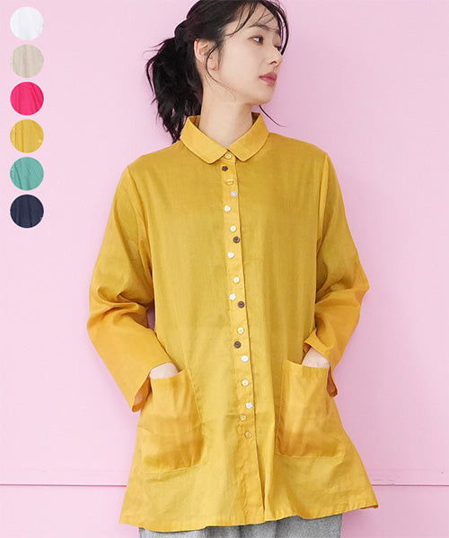 麻綿多ボタンAライン長袖ブラウス 50-0095