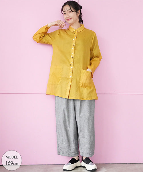 麻綿多ボタンAライン長袖ブラウス 50-0095