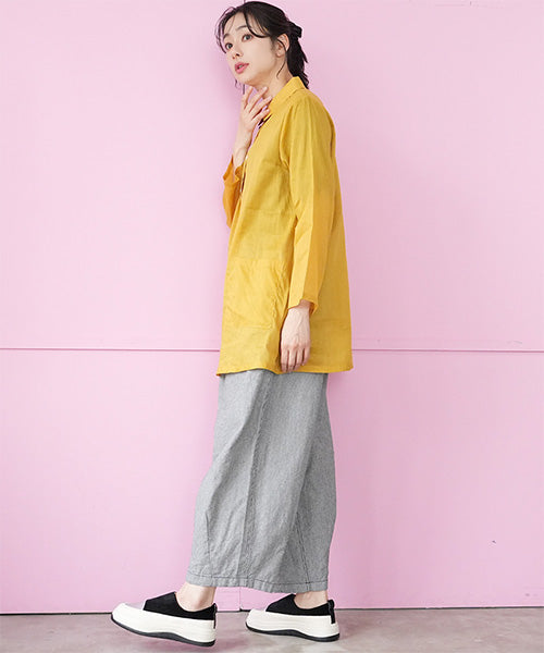 麻綿多ボタンAライン長袖ブラウス 50-0095