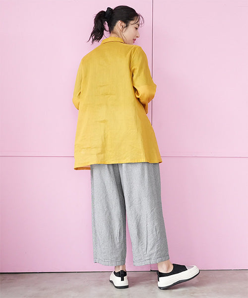 麻綿多ボタンAライン長袖ブラウス 50-0095