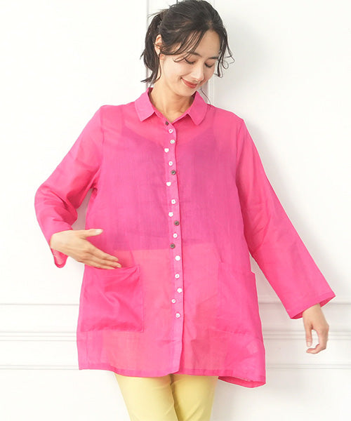 麻綿多ボタンAライン長袖ブラウス 50-0095