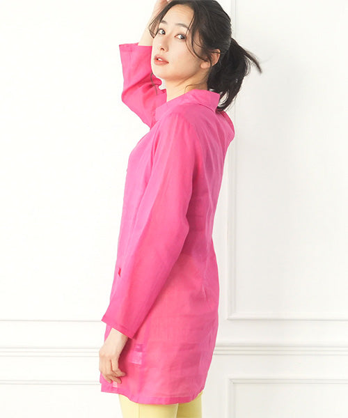 麻綿多ボタンAライン長袖ブラウス 50-0095