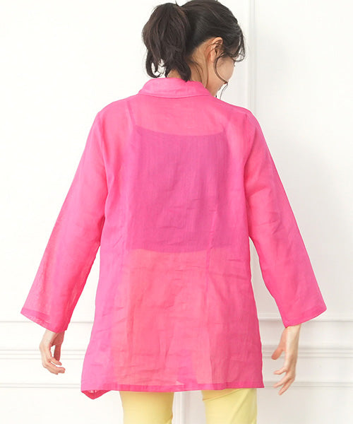 麻綿多ボタンAライン長袖ブラウス 50-0095