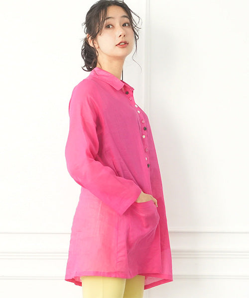 麻綿多ボタンAライン長袖ブラウス 50-0095